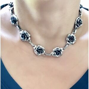 Danecraft Sterling Silver Roses Necklace 15" L Circa 1950 Vintage OOAK